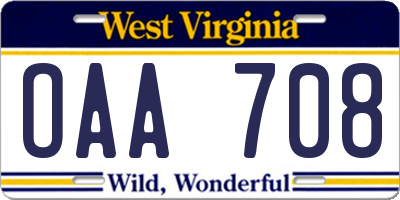 WV license plate OAA708