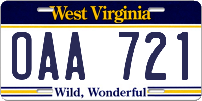 WV license plate OAA721