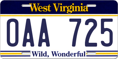 WV license plate OAA725