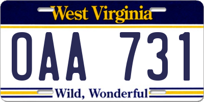 WV license plate OAA731