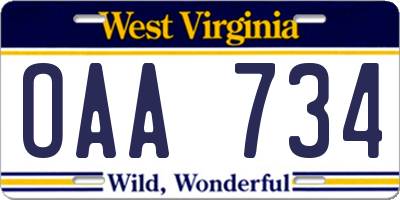 WV license plate OAA734