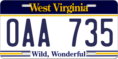WV license plate OAA735