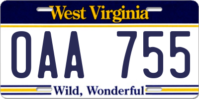 WV license plate OAA755