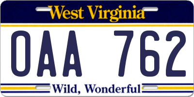 WV license plate OAA762