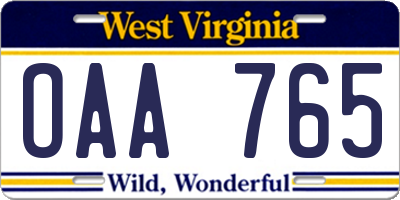 WV license plate OAA765