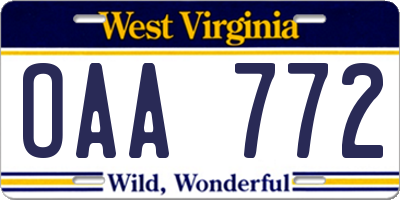 WV license plate OAA772