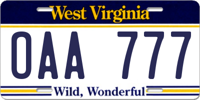 WV license plate OAA777