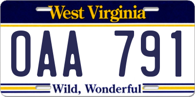 WV license plate OAA791