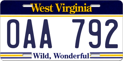 WV license plate OAA792
