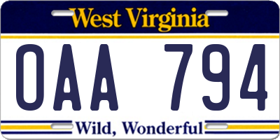WV license plate OAA794