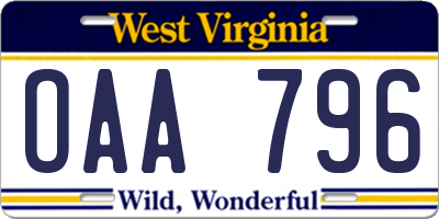 WV license plate OAA796