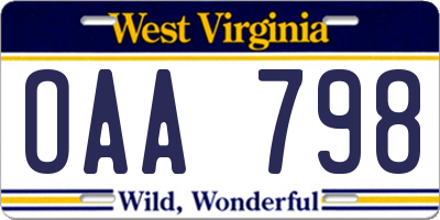 WV license plate OAA798