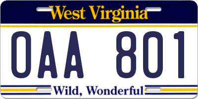 WV license plate OAA801