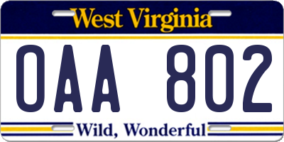 WV license plate OAA802