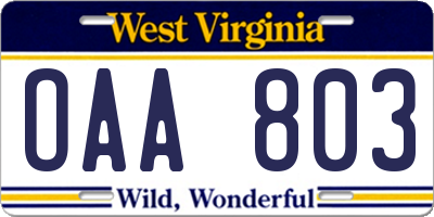 WV license plate OAA803