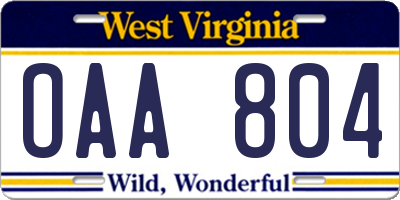 WV license plate OAA804