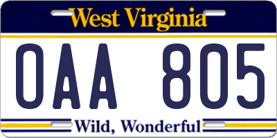 WV license plate OAA805