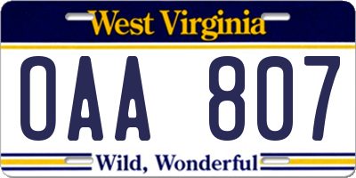 WV license plate OAA807
