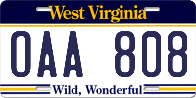 WV license plate OAA808