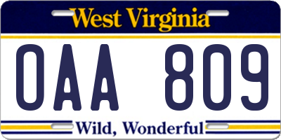 WV license plate OAA809
