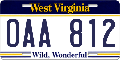 WV license plate OAA812