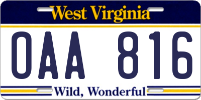 WV license plate OAA816