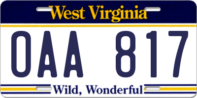 WV license plate OAA817