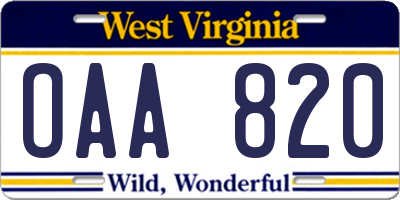 WV license plate OAA820