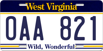 WV license plate OAA821