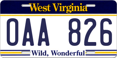 WV license plate OAA826