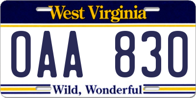 WV license plate OAA830