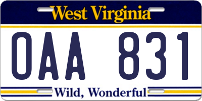 WV license plate OAA831
