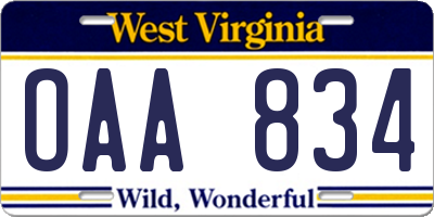 WV license plate OAA834