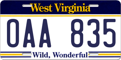 WV license plate OAA835
