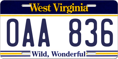 WV license plate OAA836