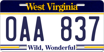 WV license plate OAA837