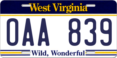 WV license plate OAA839