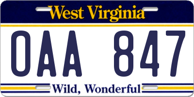 WV license plate OAA847