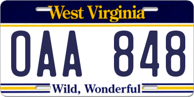 WV license plate OAA848