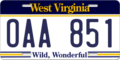 WV license plate OAA851