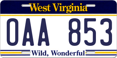 WV license plate OAA853