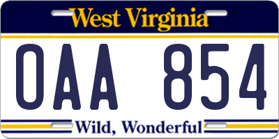 WV license plate OAA854