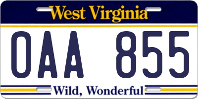 WV license plate OAA855