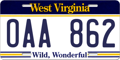 WV license plate OAA862