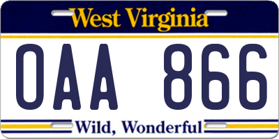 WV license plate OAA866