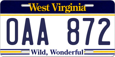 WV license plate OAA872