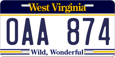 WV license plate OAA874