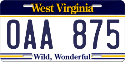 WV license plate OAA875
