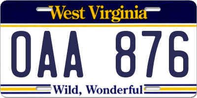 WV license plate OAA876