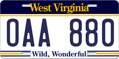 WV license plate OAA880